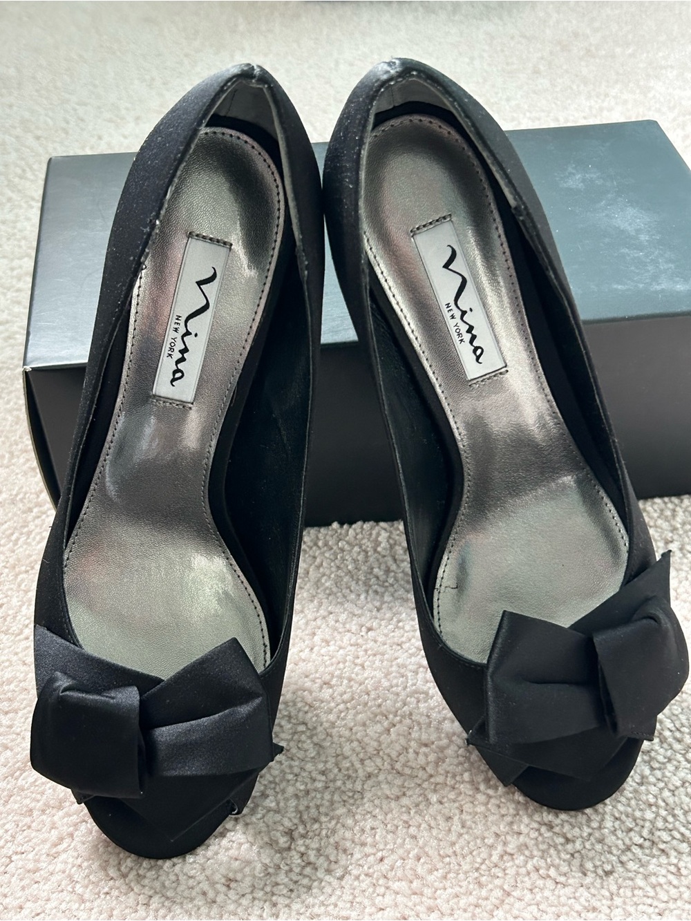 Nina Fraser  Black Luster Bow Peep-Toe Pumps